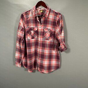 Eddie Bauer Travex Top Womens XL Purple Red Plaid Button Up Roll Tab Sleeve